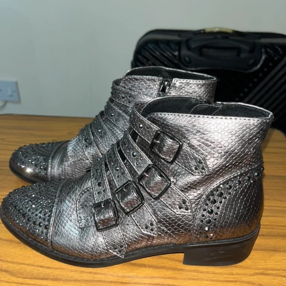 Silver Studded Ankle Boots with Buckles